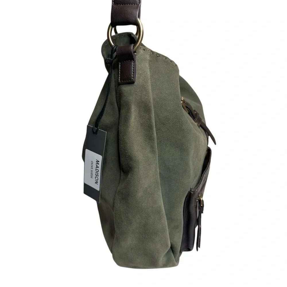 CARLA MANCINI Green Brown‎ Suede Leather Shoulder Hobo Bag NWT Slouchy